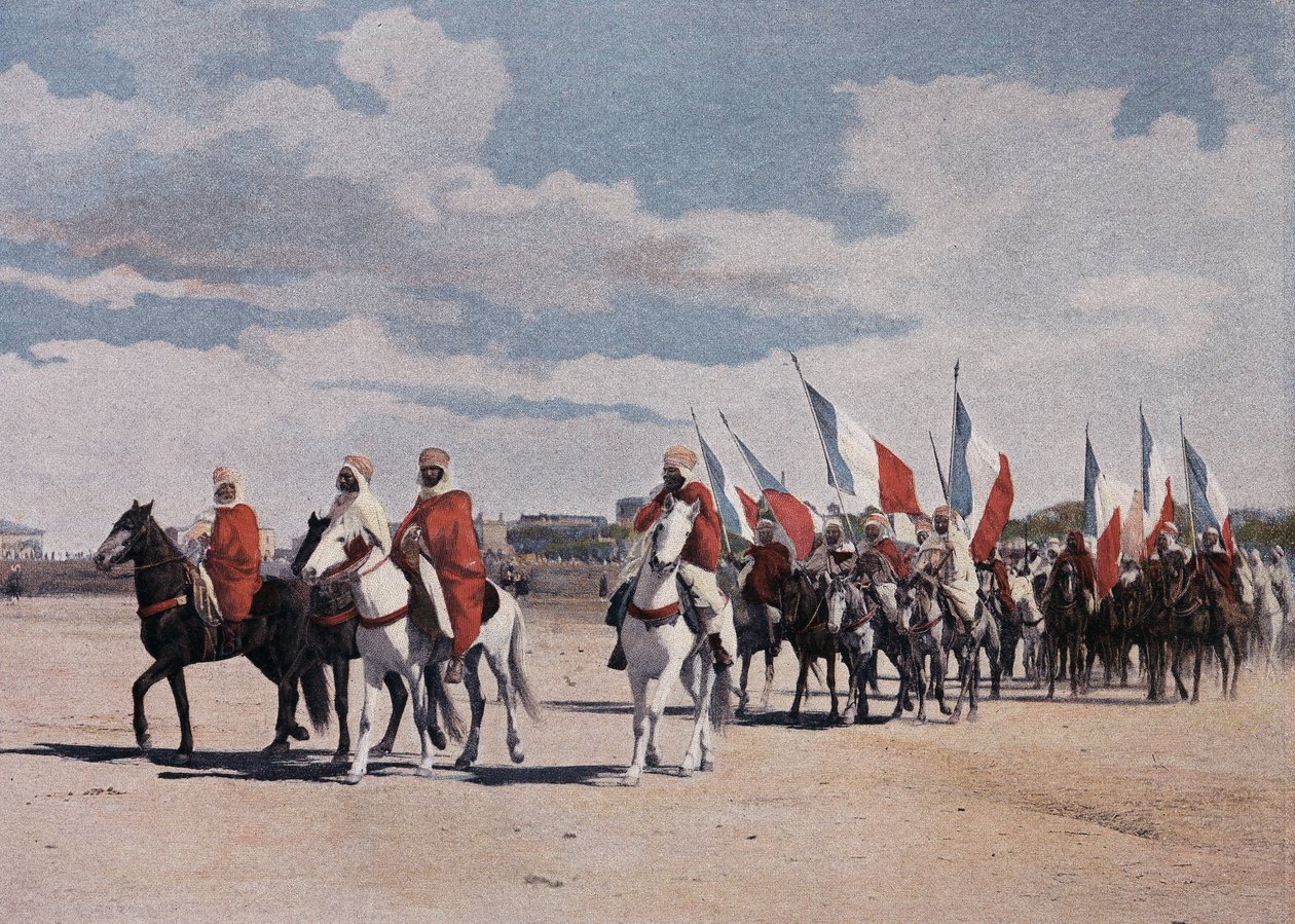Native Spahis going to a fantasy in great pomp, deployed banners - in “” Military Album” - Spahis av French School