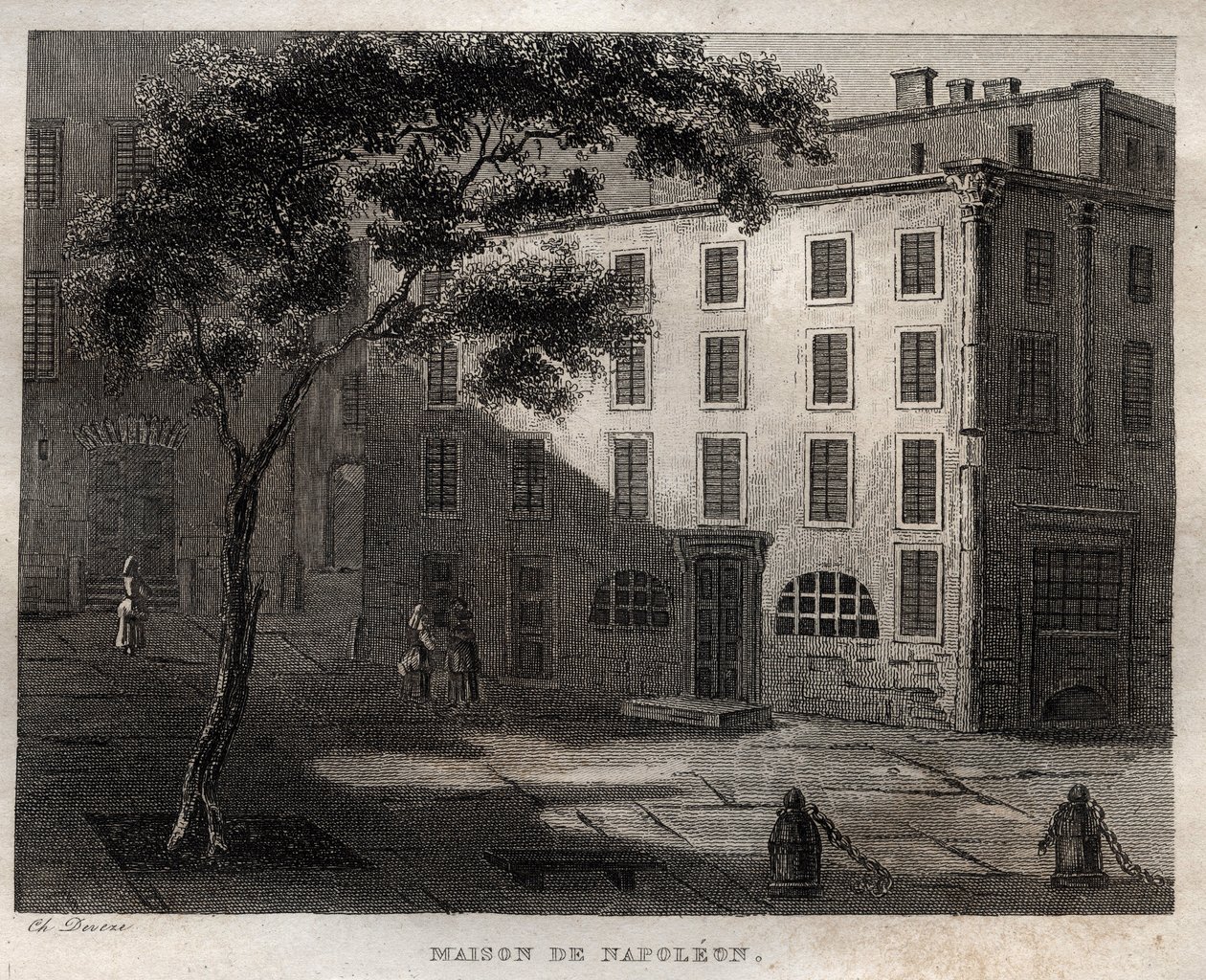 Innfødt hus til Napoleon Bonaparte i Ajaccio (Korsika) - Fødested til Napoleon Bonaparte a Ajaccio en Corsica - Gravering fra "" Pittoreske Italia" - Historisk og beskrivende maleri av Italia" av M. de Norvins, Ch. Nodier 1834-1836. av French School