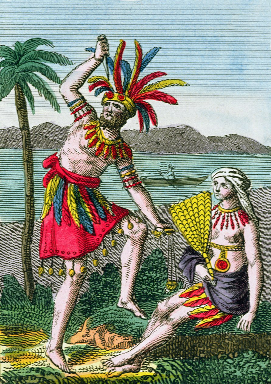 Innfødte innbyggere på Marquesas-øyene, illustrasjon fra Histoire des Voyages Autour du Monde av J. Dufay, utgitt av Courvalet & Co., Paris, 1826 (fargegravering) av French School