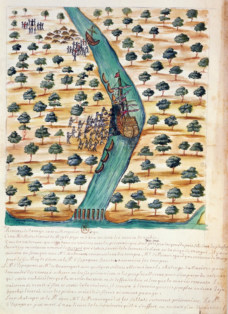 Innfødte angriper franske skip på elven Tavoy, fra en beretning om jesuittene i Siam, 1688 (wc på papir) av French School
