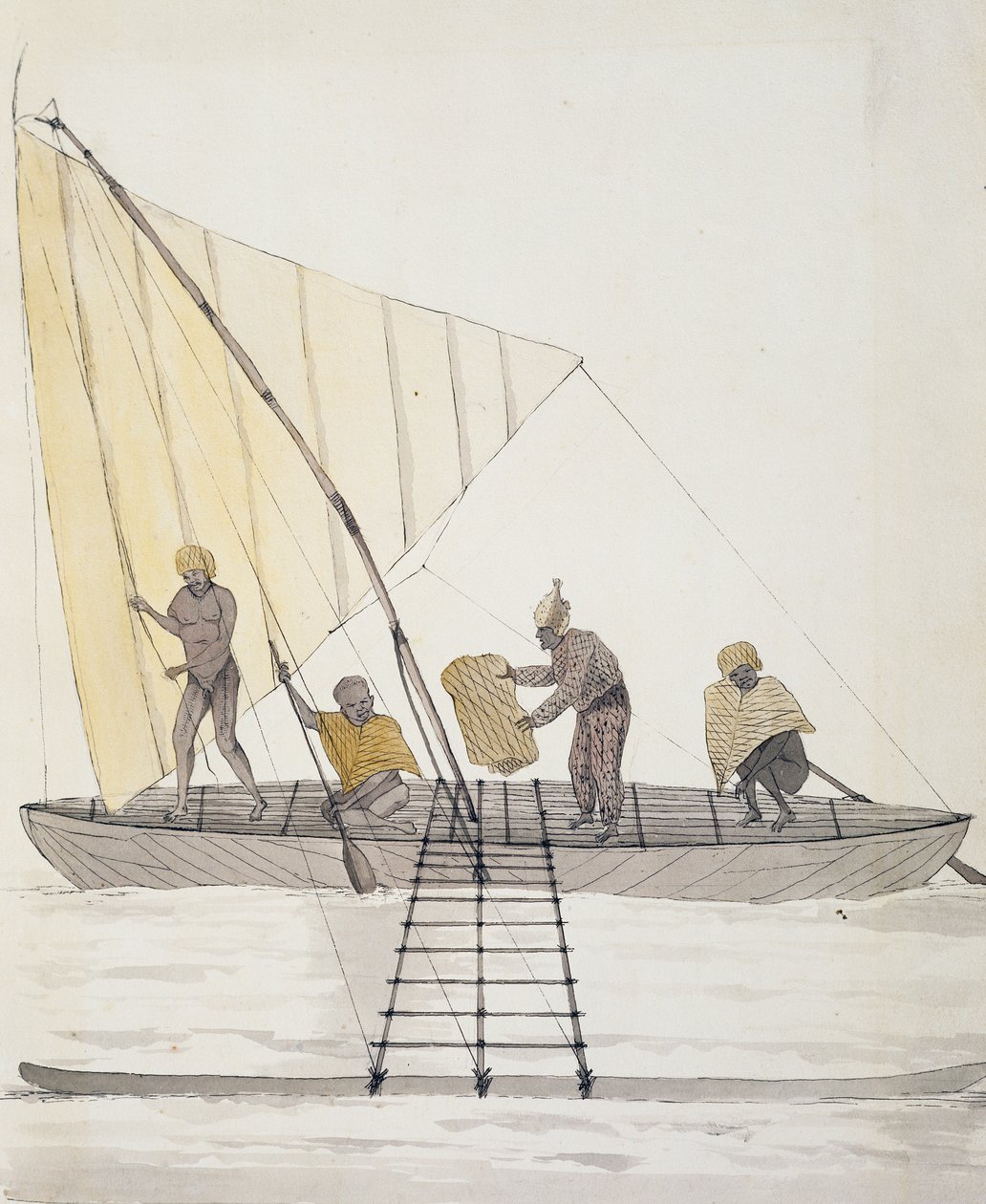 Innfødte fra Iles Basses og balansert seilkano, akvarell av Jules-Louis Lejeune, fra Duperrey