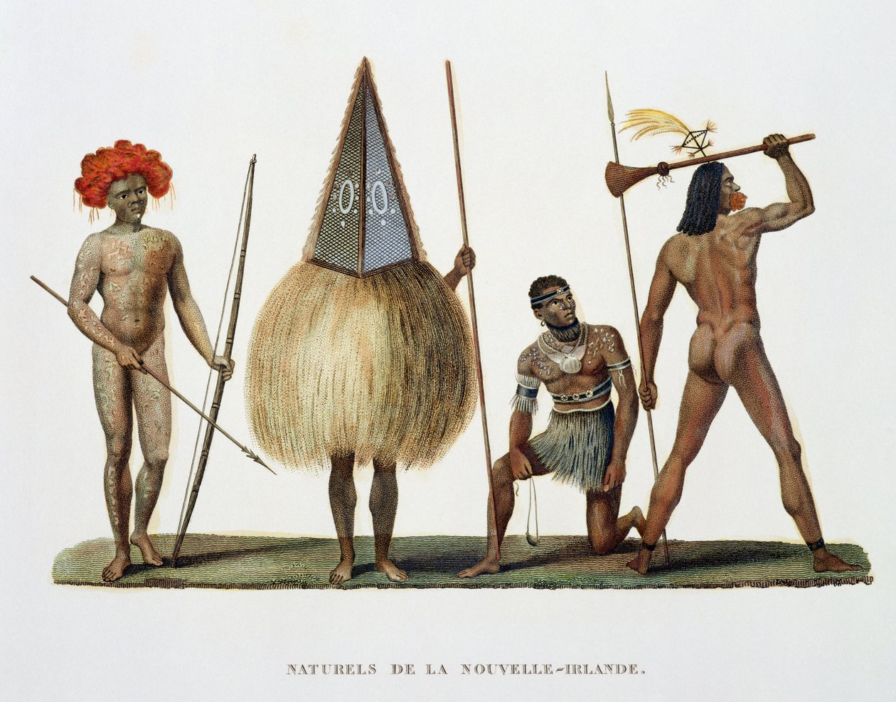 Innfødte i New Ireland, fra reise rundt om i verden, henrettet etter ordre fra Kongen på Hans Majestets Corvette, La Coquille i årene 1822, 1823, 1824 og 1825, av Louis Isidore Duperrey (1786-18) av French School