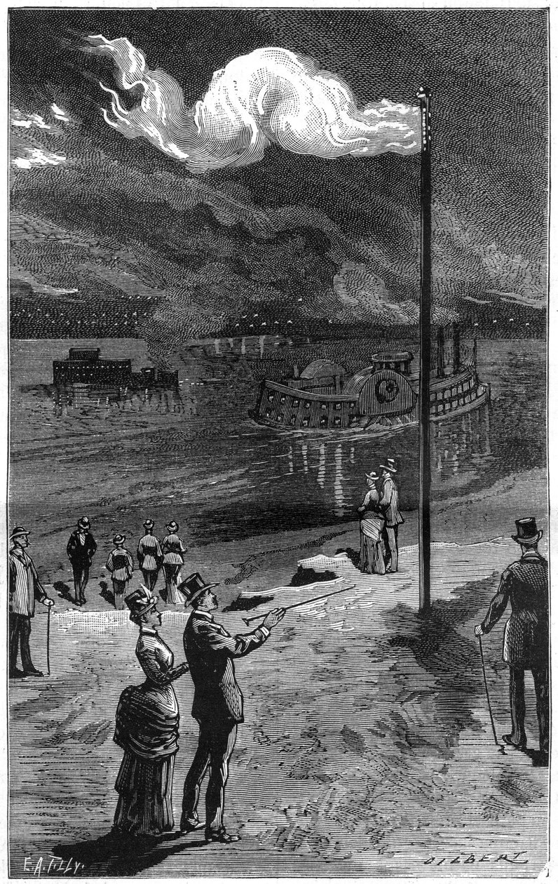 Natural gas lighting in Pennsylvania (USA), near Pittsburg. Engraving in “” La Nature. Revue des sciences et de ses applications aux arts et a l