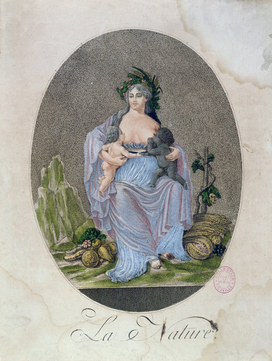 Nature breastfeeding a black baby and a white baby, c.1792 av French School