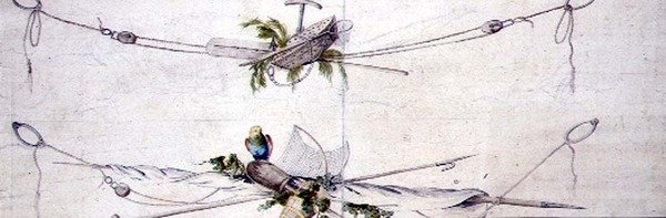 Nautisk kartusjdesign med en papegøye, ca. 1800 (akvarell på papir) av French School