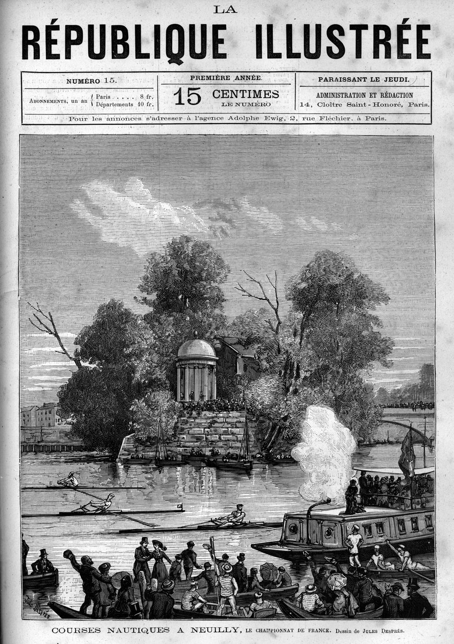 Nautical races: French rowing championship organized on the Seine facing the Ile de la Grande Jatte in Neuilly. A newspaper. Engraving from 1880 in “La republique illustree”” private collection. av French School