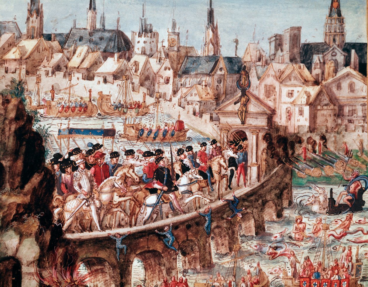 Nautiske utstillinger organisert av byen Rouen i anledning den kongelige inngangen til kong Henry II (1519-1559) og Catherine de Medicis (Caterina de Medici) (1519-1589) den 1/10/1550 Ryttere krysser Seinen på bridge Saint Ouen (St Ouen bridge in av French School
