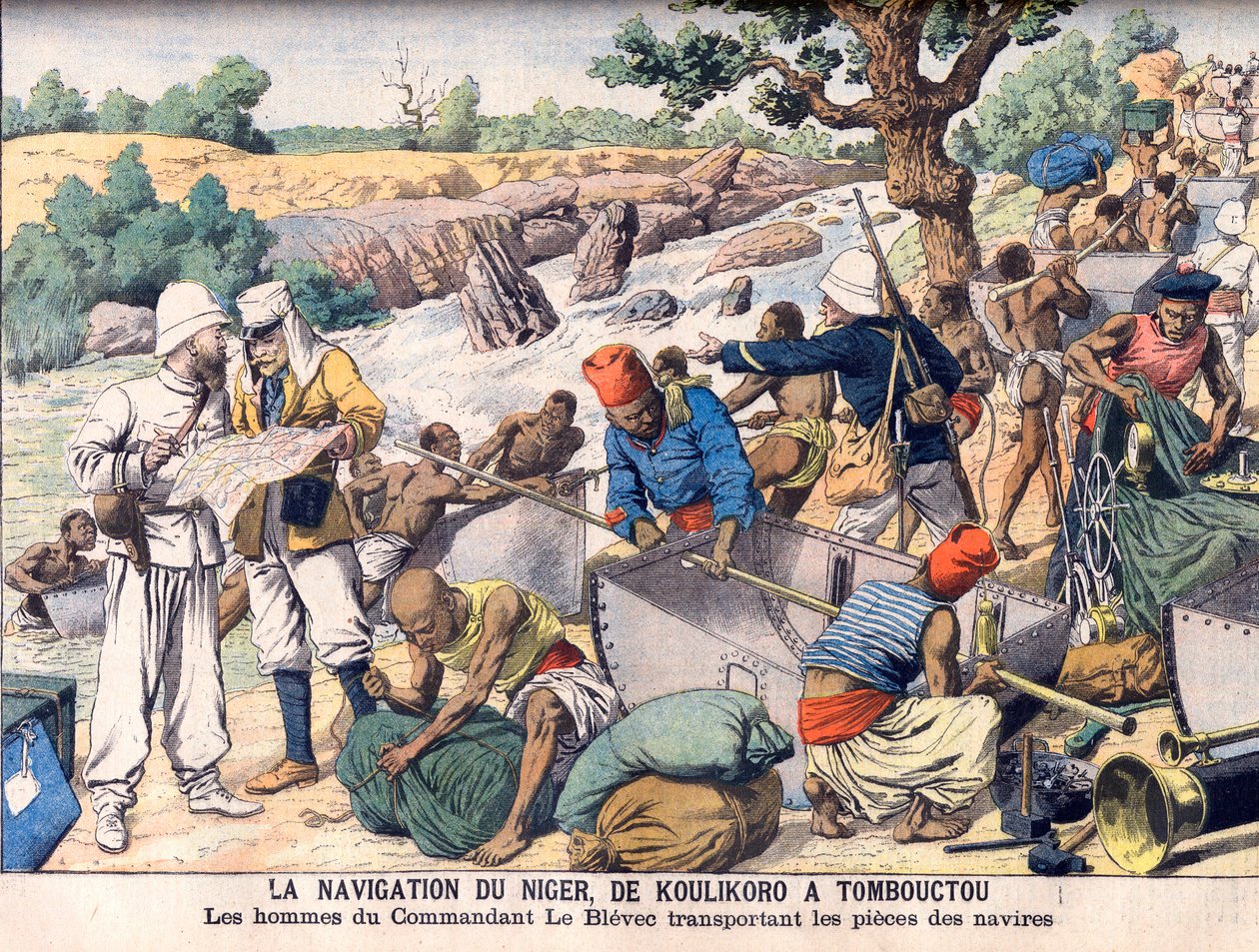 Navigerer elven Niger mellom Koulikoro og Timbuktu. En ekspedisjon kommandert av kommandør Le Blevec som frakter båter i seksjoner rundt stryk. Navigasjonen av Niger, fra Koulikoro til Timbuktu. Kommandør Le Blevecs menn som bærer stykker av skip. av French School