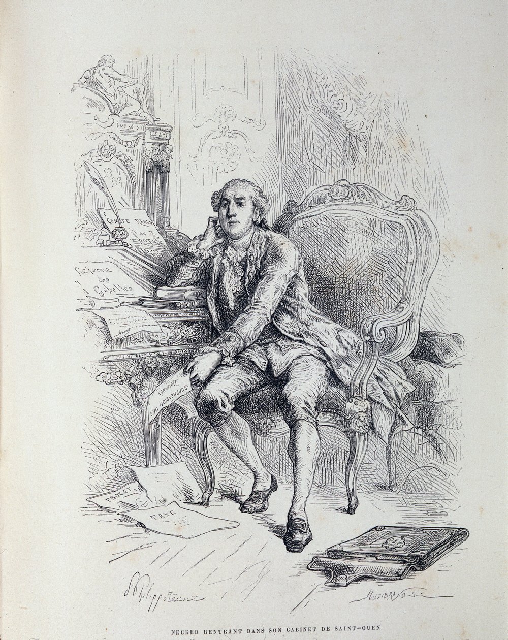 Necker på kontoret sitt i Saint-Ouen, omgitt av notater "Reform of Gabelles", "Taxes", "Abolition of Customs" etc. av French School