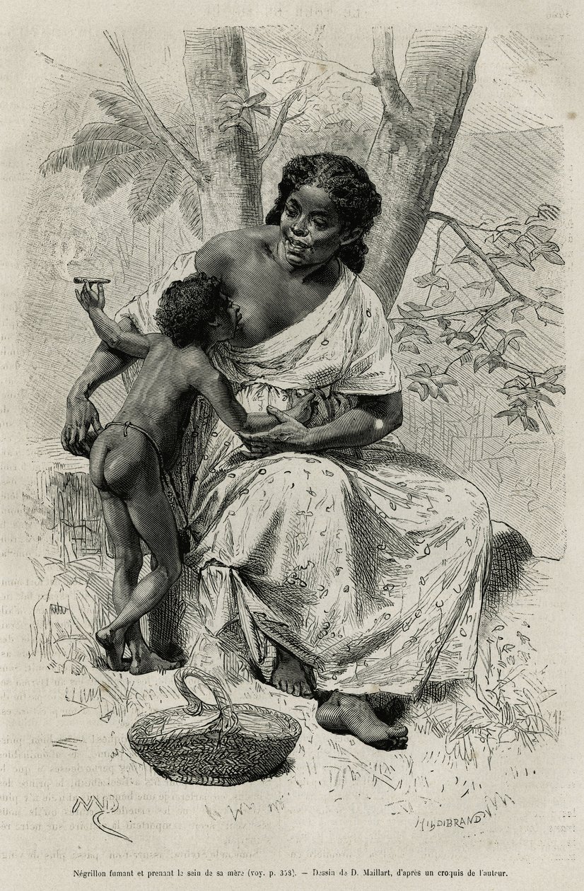 Negillon røyker og tar brystet til sin mor, i Darien-regionen (østlige Panama), graverer etter en tegning av D. Maillart, for å illustrere historien Exploration at the isthms of Panama and Darien, av A. Reclus, skipsløytnant, fra 1876 til 1878 av French School