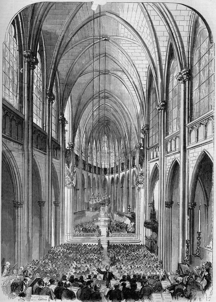 Neogothic architecture: interior view of the church of Sainte Clotilde (1846-1857), in Paris, during its inauguration on 30 November 1857. Engraving by Bertrand in “” Le Monde Illustré”” n°34 of 5 December 1857. av French School