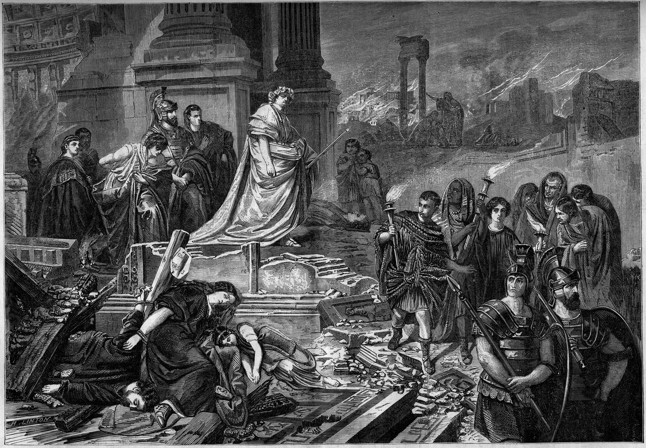 Neron etter brannen i Roma i 64. Gravering etter maleriet av Karl Theodor von Piloty (1826-1886). I "" Le Monde Illustré"" nr. 283 av 13. september 1862. av French School