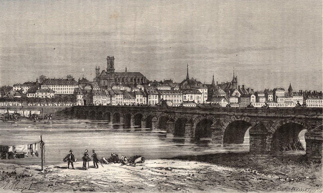 Nevers - Nievre en region Burgund - gravering i "La France illustree: geografi, historie, statistisk administrasjon" av V.-A. Malt-brun. 1884 av French School