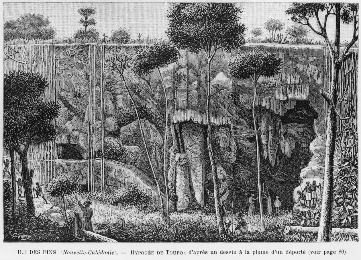 New Caledonia, Isle of Pines, Hypogeum of Toupo, etter en penn- og blekktegning av en deportert, illustrasjon fra bulletinen Les Missions Catholiques, 1893 av French School