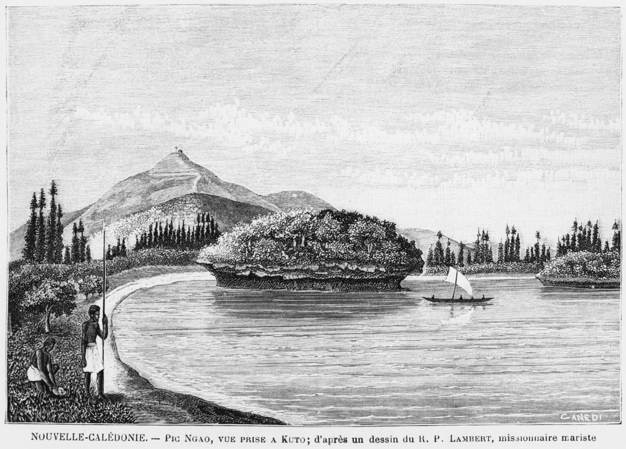 New Caledonia, Isle of Pines, Pic Nga sett fra Kuto, etter en tegning av pastor Lambert, en maristmisjonær, illustrasjon fra bulletinen Les Missions Catholiques, 1893 av French School