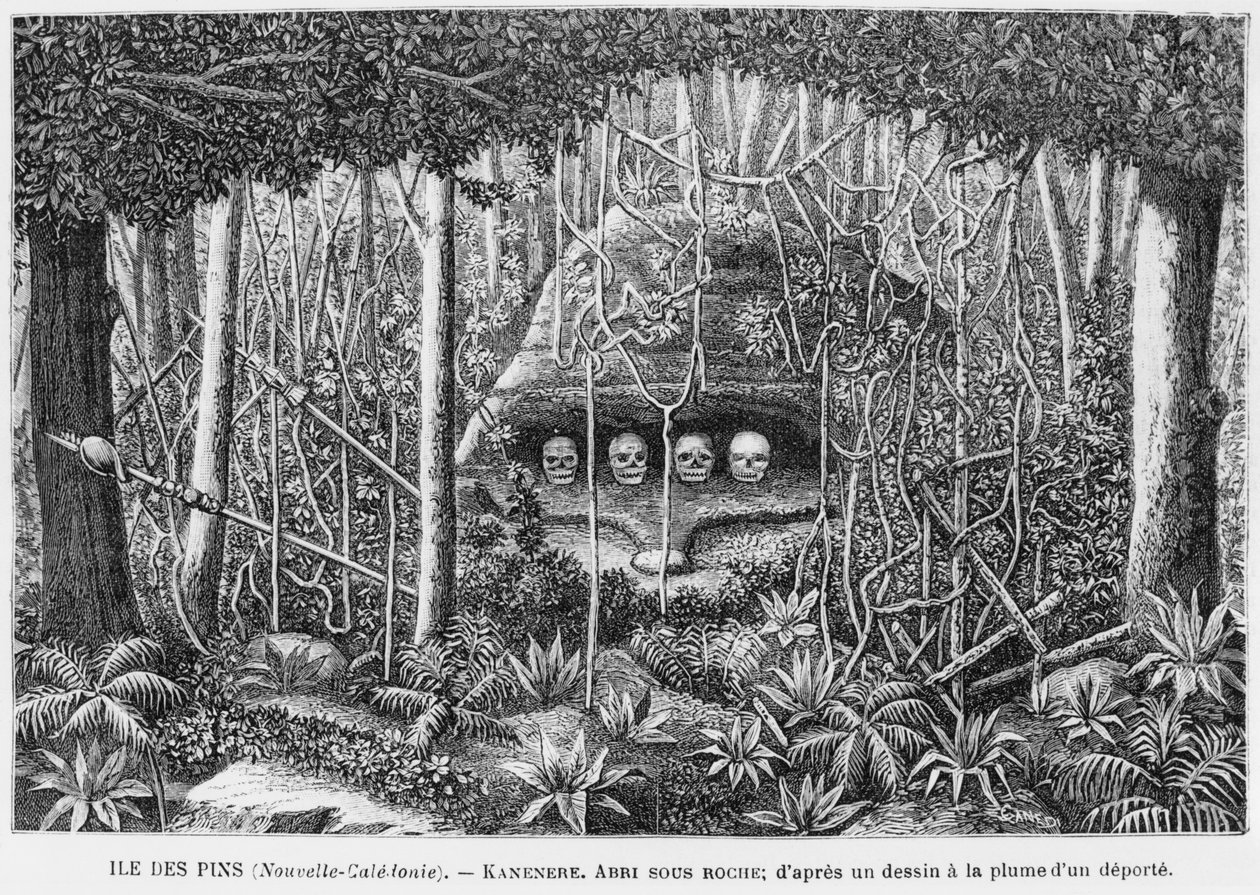 New Caledonia, Isle of Pines, et ly i steinene, etter en penn- og blekktegning av en deportert, illustrasjon fra bulletinen Les Missions Catholiques, 1893 av French School