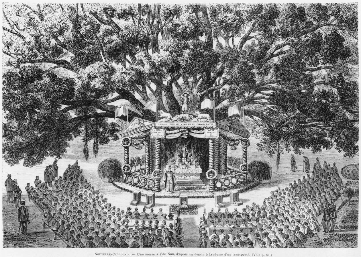 Ny-Caledonia, feirer messe på øya Nou, etter en penn- og blekktegning av en transportert illustrasjon fra bulletinen Les Missions Catholiques, 1875 av French School