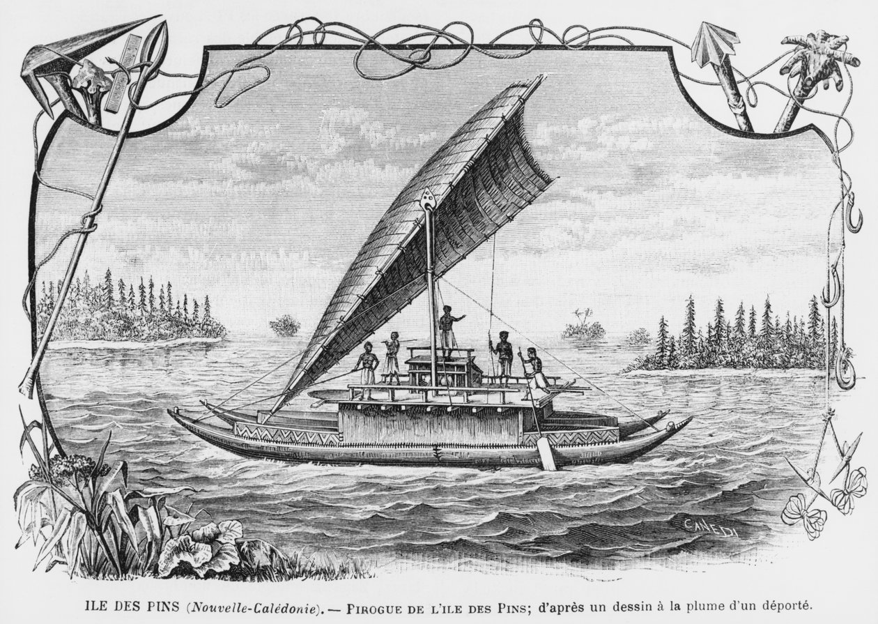 New Caledonia, pirogue of the Isle of Pines, etter en penn- og blekktegning av en deportert, illustrasjon fra bulletinen Les Missions Catholiques, 1893 av French School