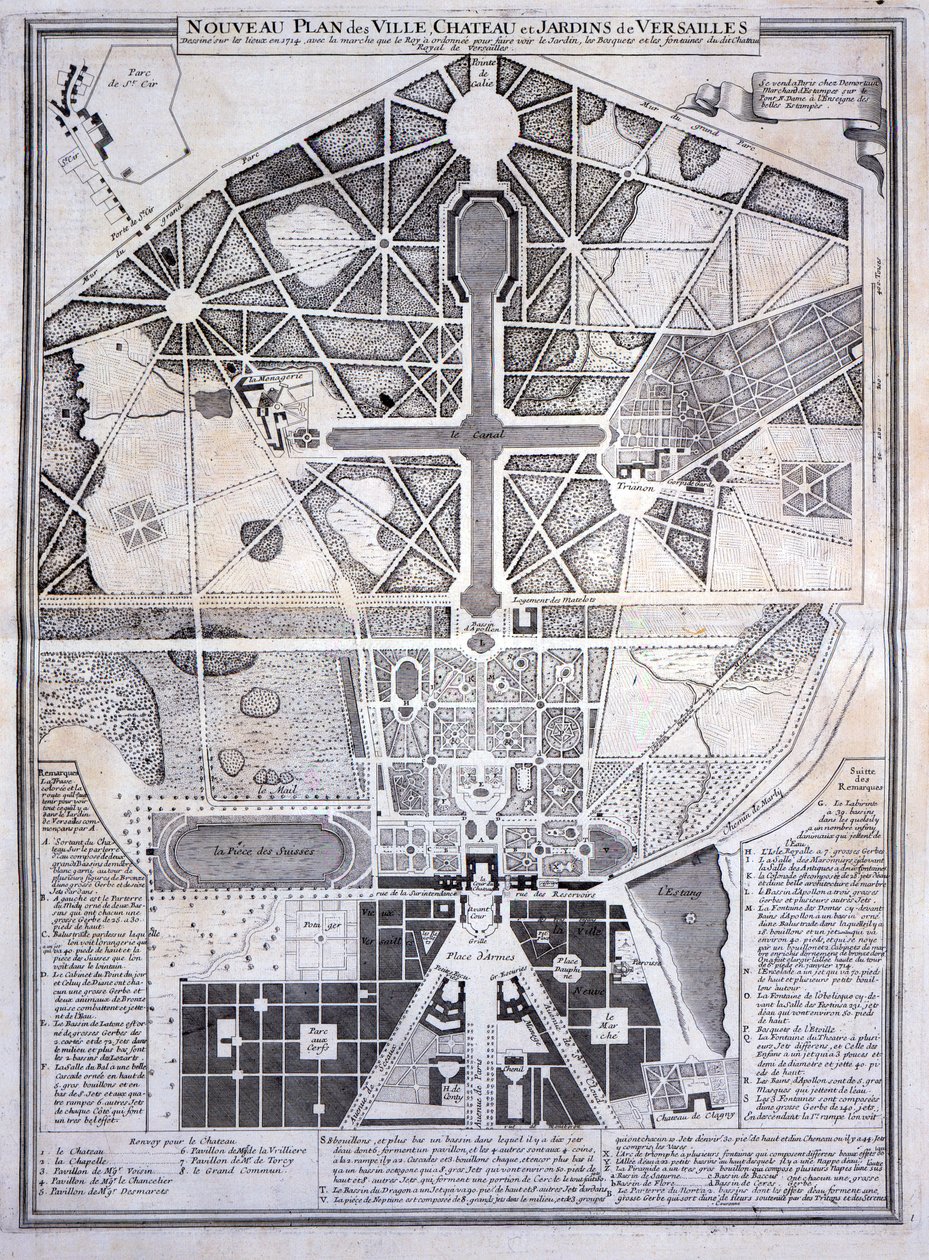 Ny plan for byen, slottet og hagene i Versailles, 1714, fra Les Plans, Profils et Elevations des Villes et Chateau de Versailles, publisert ca. 1715 av French School