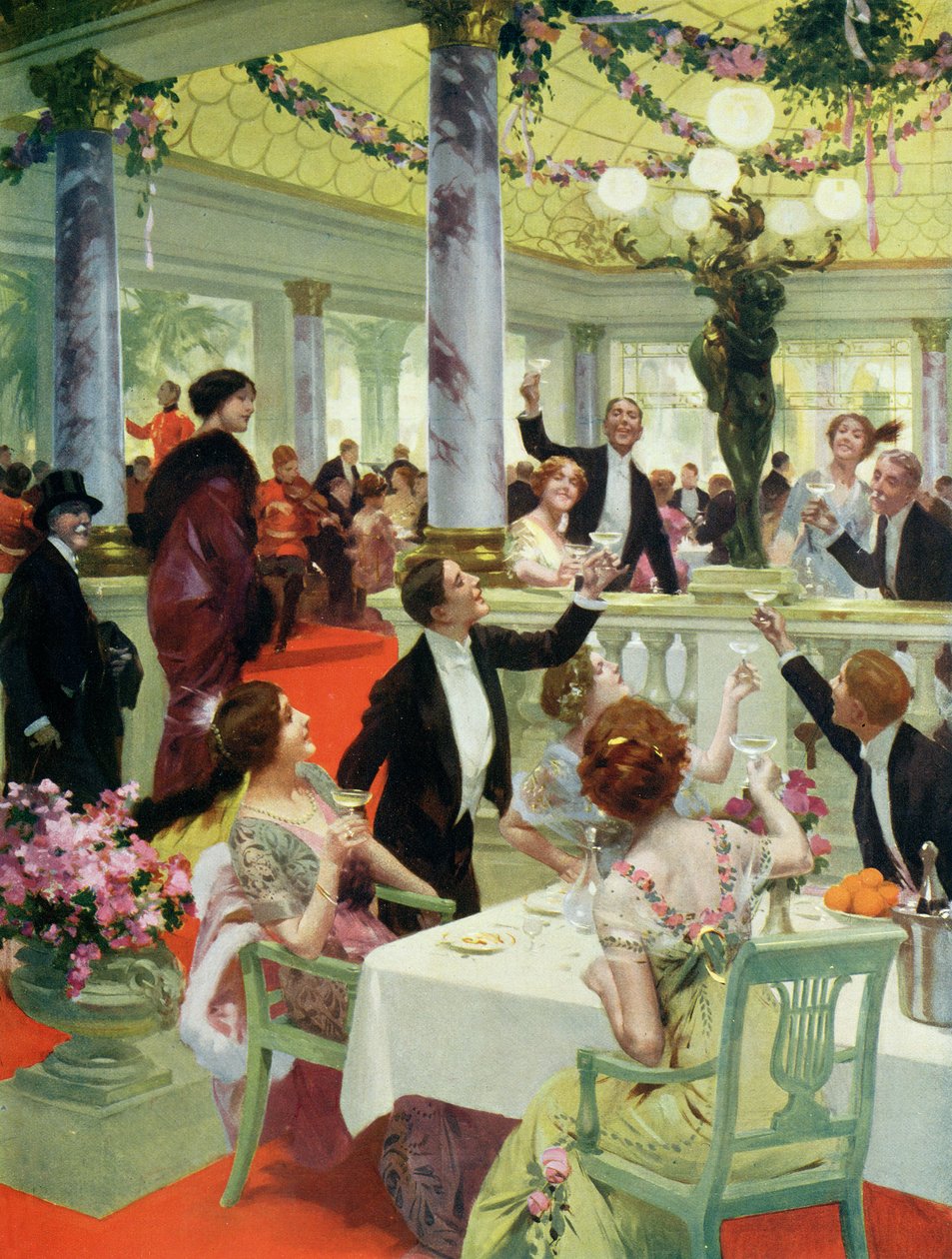 Nyttårsaften i en restaurant, illustrasjon fra magasinet La Vie Heureuse, 15. desember 1912 av French School