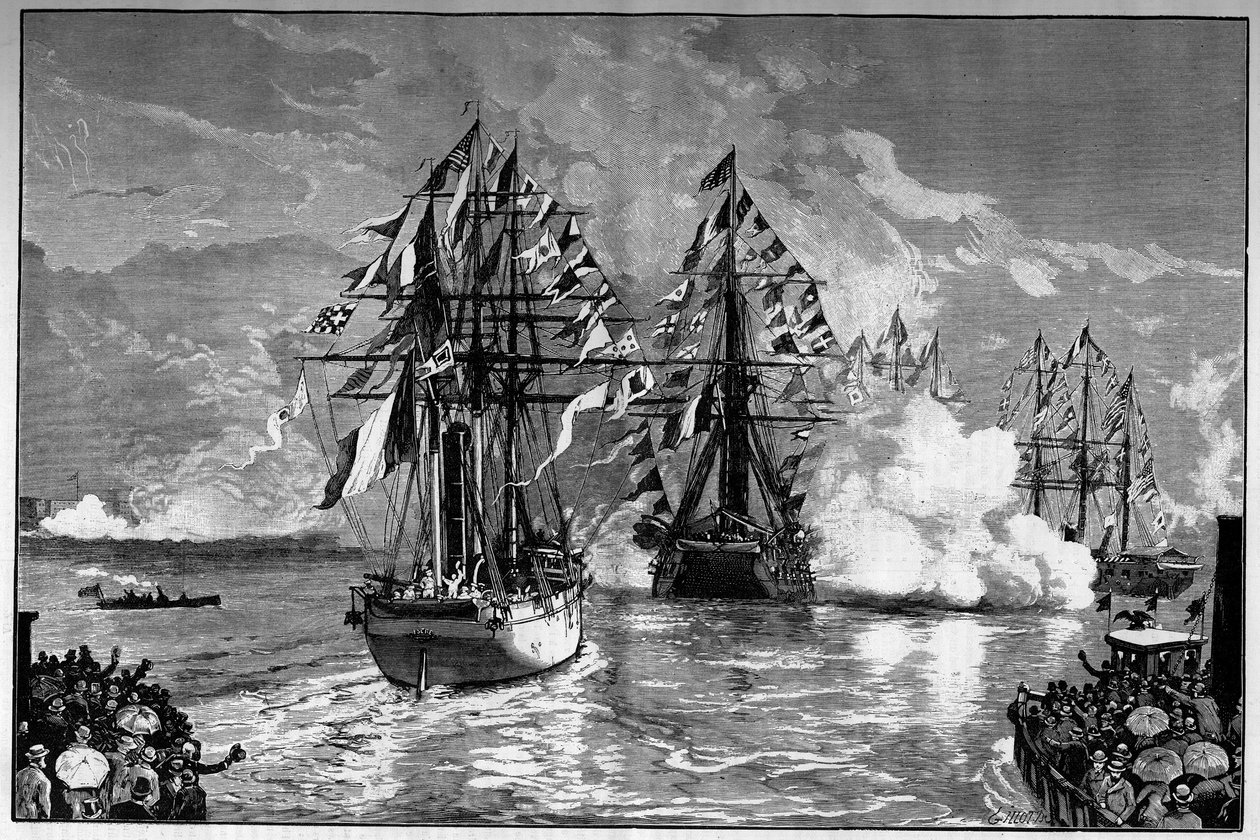 New York: ankomst til havnen i byen av det franske skipet "Isere" som bærer Frihetsgudinnen av Frederic Auguste Bartholdi (1834-1904), 19. juni 1885. Gravering i ""Le Monde Illustre"" av French School