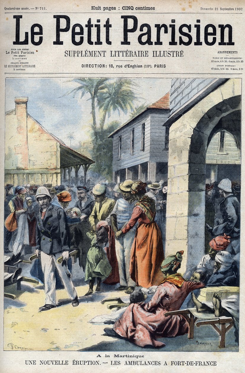 Nytt vulkanutbrudd fra vulkanen Montagne Pelee på Martinique: ambulanser i Fort de France (Fort-de-France). Gravering i ""Den lille pariser"" av French School