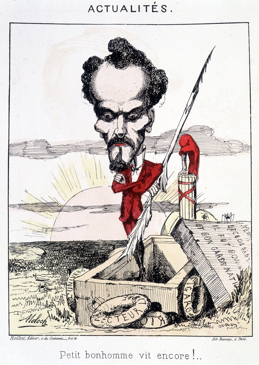 Nyheter - Little bonhomme vit encore!. Karikatur om Rochefort som står i en grav. av French School