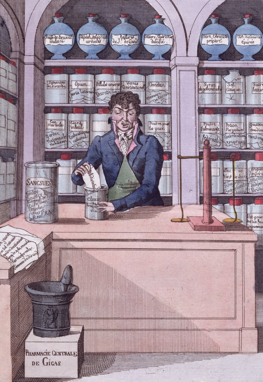 Avisdispenser under Napoleon, eller Chemist Academician, tegneserie som viser pressen knust av Napoleon (fargegravering) av French School