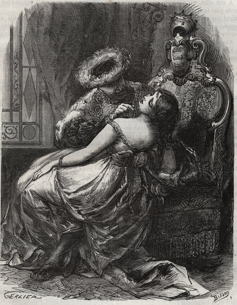 Fin hals! At en bøddel gjerne kuttet ham av! Kong Henry VIII av England (1491-1547) med sin kone, Catherine Parr (1512-1548). Gravering fra 1871 i «Histoire Des Cocus Celebres»» av Henry de Kock (1819-1892). av French School