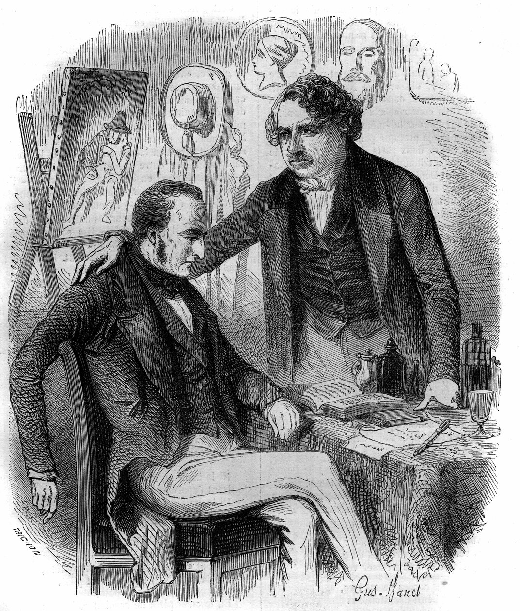 Nicephore Niepce (1765-1833) og Louis Daguerre (1787-1851), franske oppfinnere, pionerer innen fotografi. Gravering fra 1852. av French School