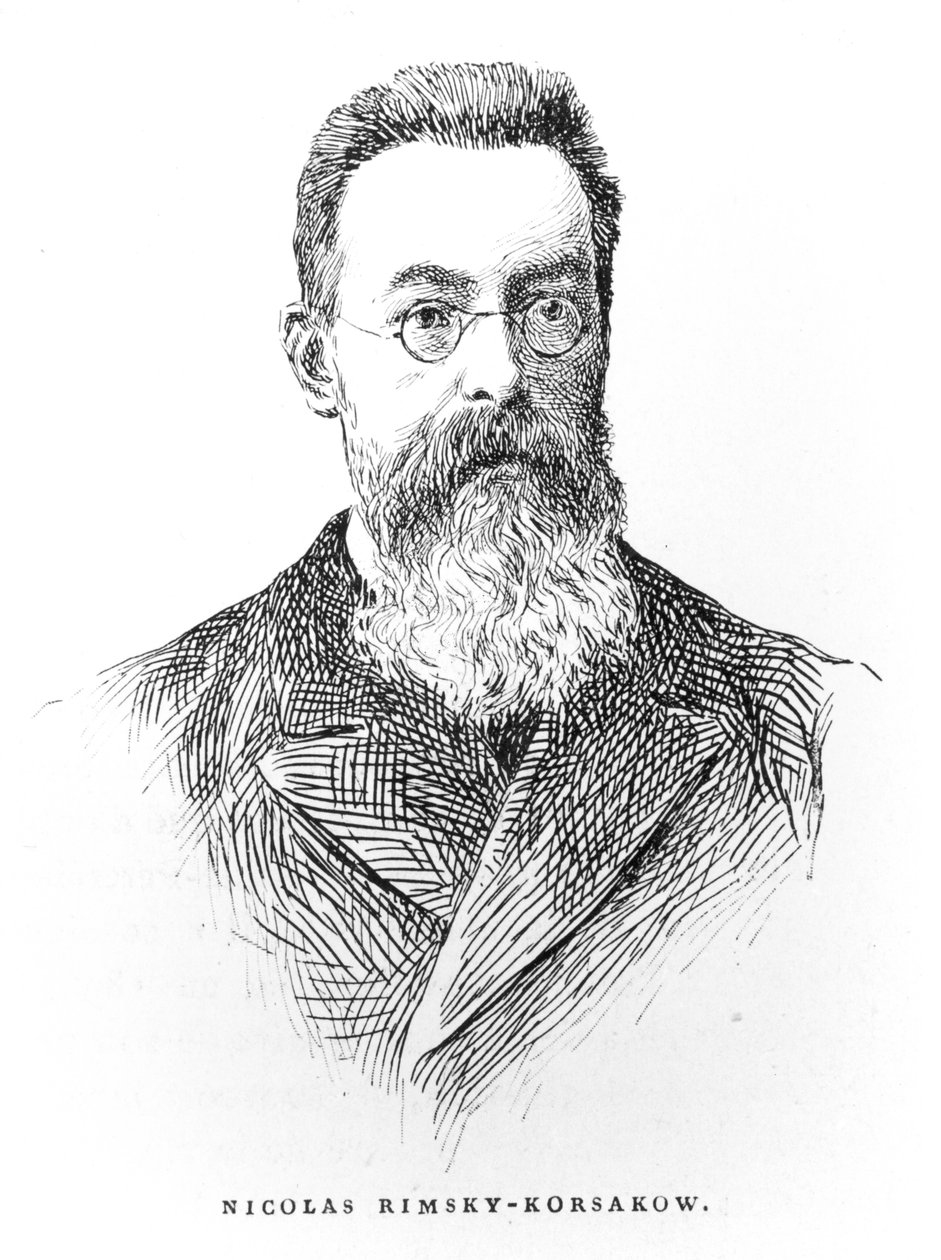 Nicolai Andreievitch Rimsky-Korsakov (1844-1908), illustrasjon fra LHistoire de la Musique en Russie av Albert Soubies, utgitt i Paris, 1898 av French School