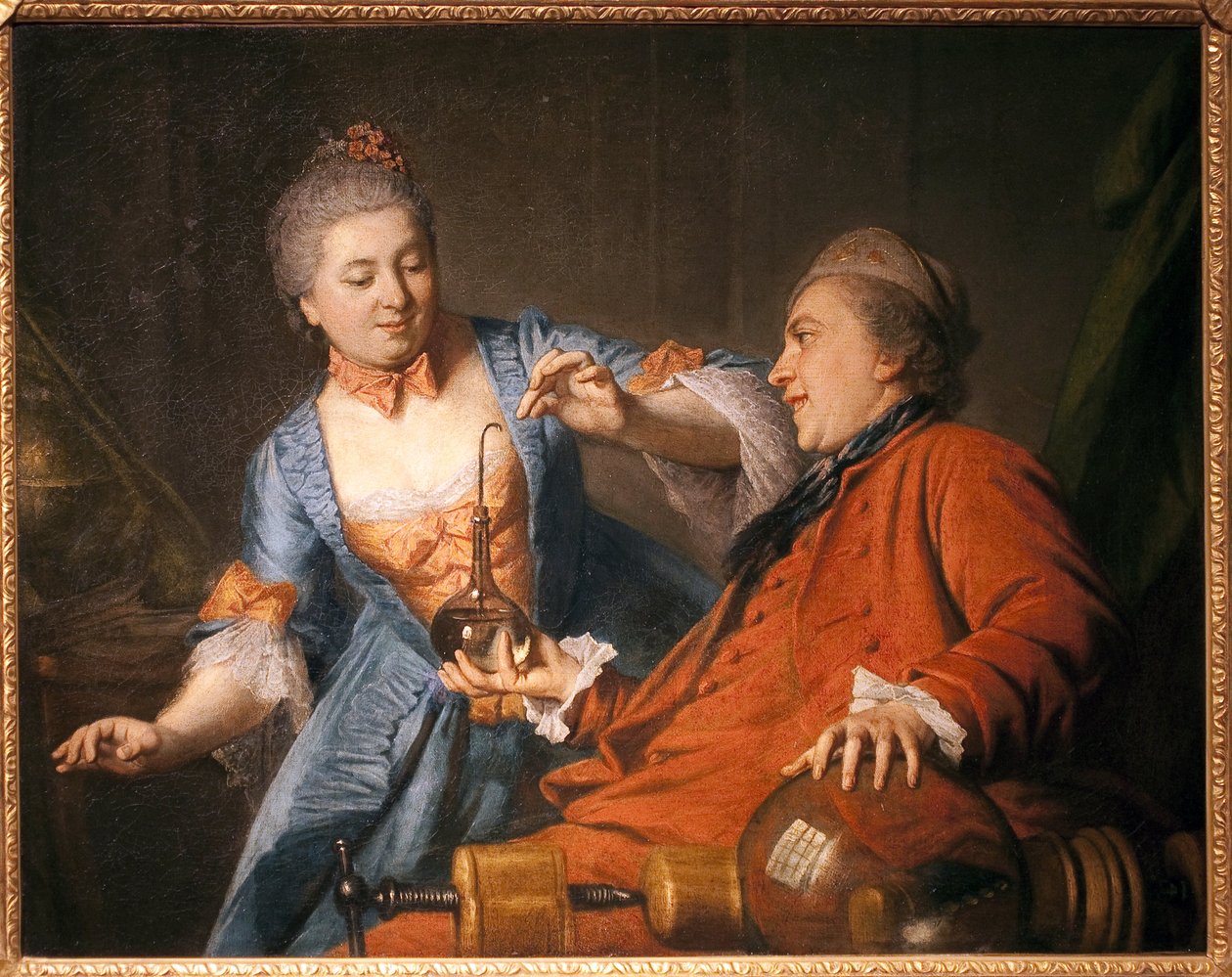 Nicolas Bergeat (1733-1815) og Madame de Maisoncel gjør et eksperiment i fysikk. Maleri av en anonym remois, olje på lerret av French School