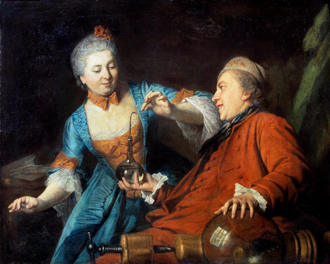 Nicolas Bergeat (1733-1815) og Madame de Maisoncel gjør et eksperiment i fysikk Anonymt maleri av den franske skolen. 1770. Reims, Kunstmuseet av French School