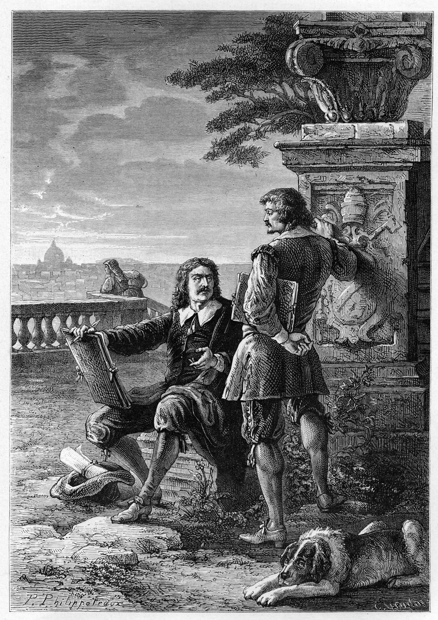 Nicolas Poussin (1594-1665), fransk maler, med Claude Gellee, dit le Lorrain (1600-1682) i Roma (Trinita dei Monti) gravering fra "" Frankrikes historie fortalt til mine barnebarn""" - av Francois Guizot - 1872-1876 av French School