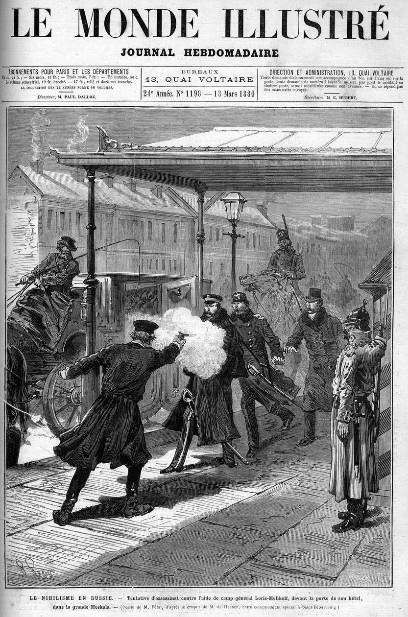 Nihilisme i Russland - Attentatforsøk mot Aide de Camp, general Loris Melikoff, utenfor døren til hotellet hans i det store Moskaia. Omslag til "" The Illustrous World"", mars 1880. av French School