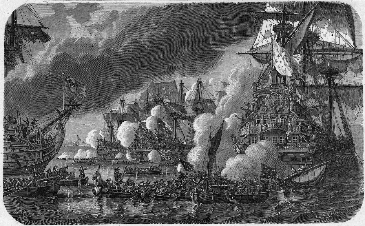Niårskrig (War of the League of Augsburg) (1688-1697): Slaget ved Hougue 19.05.1692 mellom den anglo-nederlandske flåten og den franske flåten til viseadmiral Anne Hilarion av Costentin (Cotentin) , greve av Tourville (1642-1701). Hun så nederlaget av French School