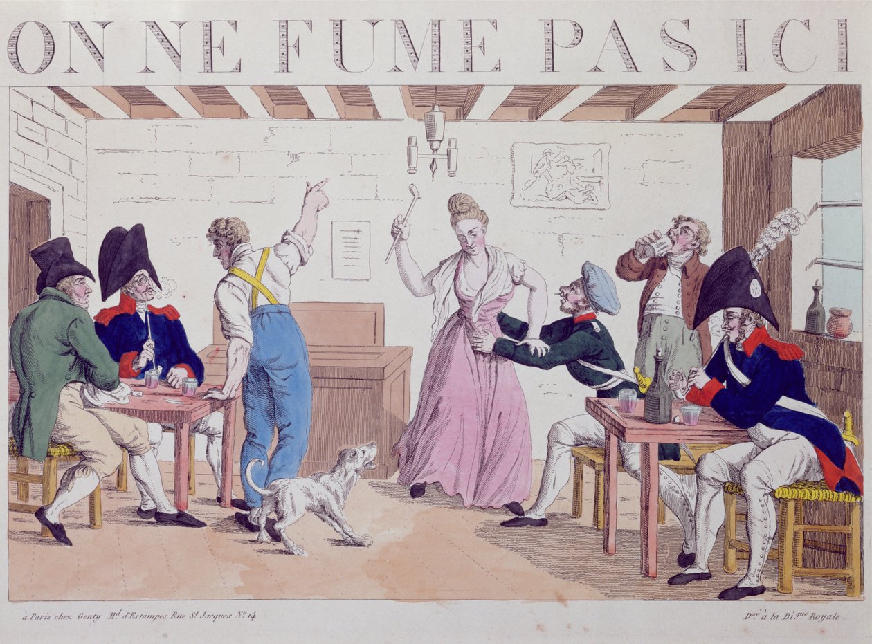 Ingen røyking karikatur mot tilstedeværelsen av de allierte troppene i Paris, 1815 (fargegravering) av French School
