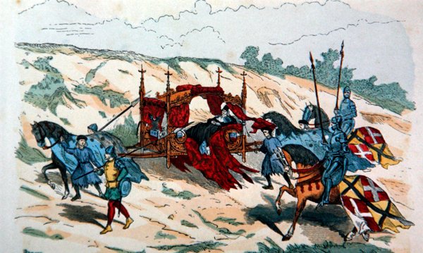 Adelsmann blir båret i et kull av holdere på 1300-tallet i Europa (farge litho) av French School
