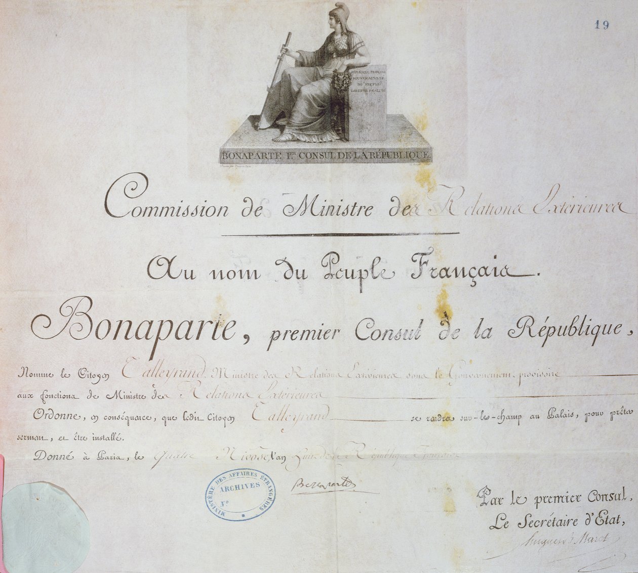 Nominasjon av Charles Maurice de Talleyrand-Perigord (1754-1838) til stillingen som utenriksminister, ca. 1797 av French School