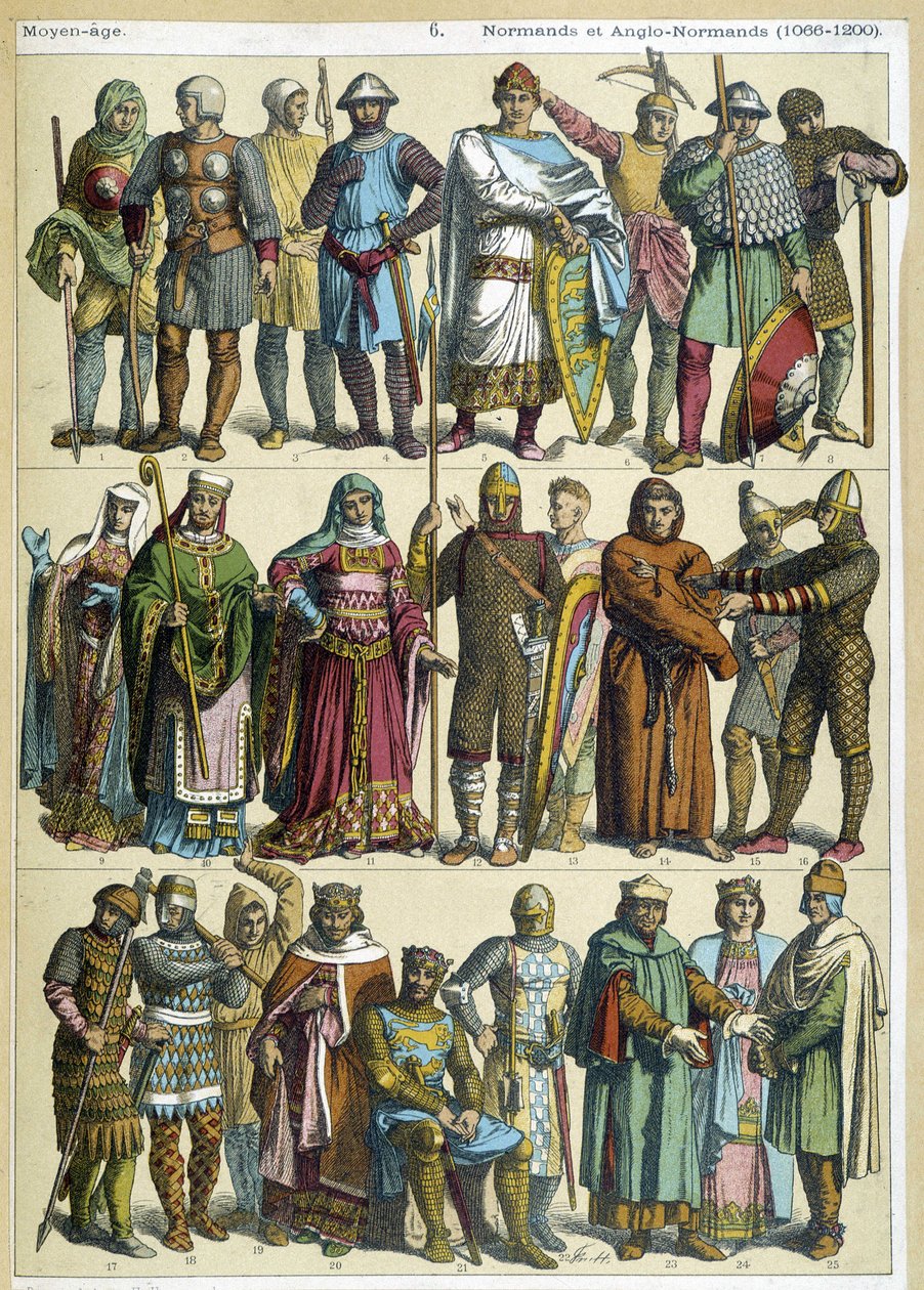Normanniske og anglo-normanniske sivile, religiøse og krigerkostymer (1066-1200) - gravering av French School