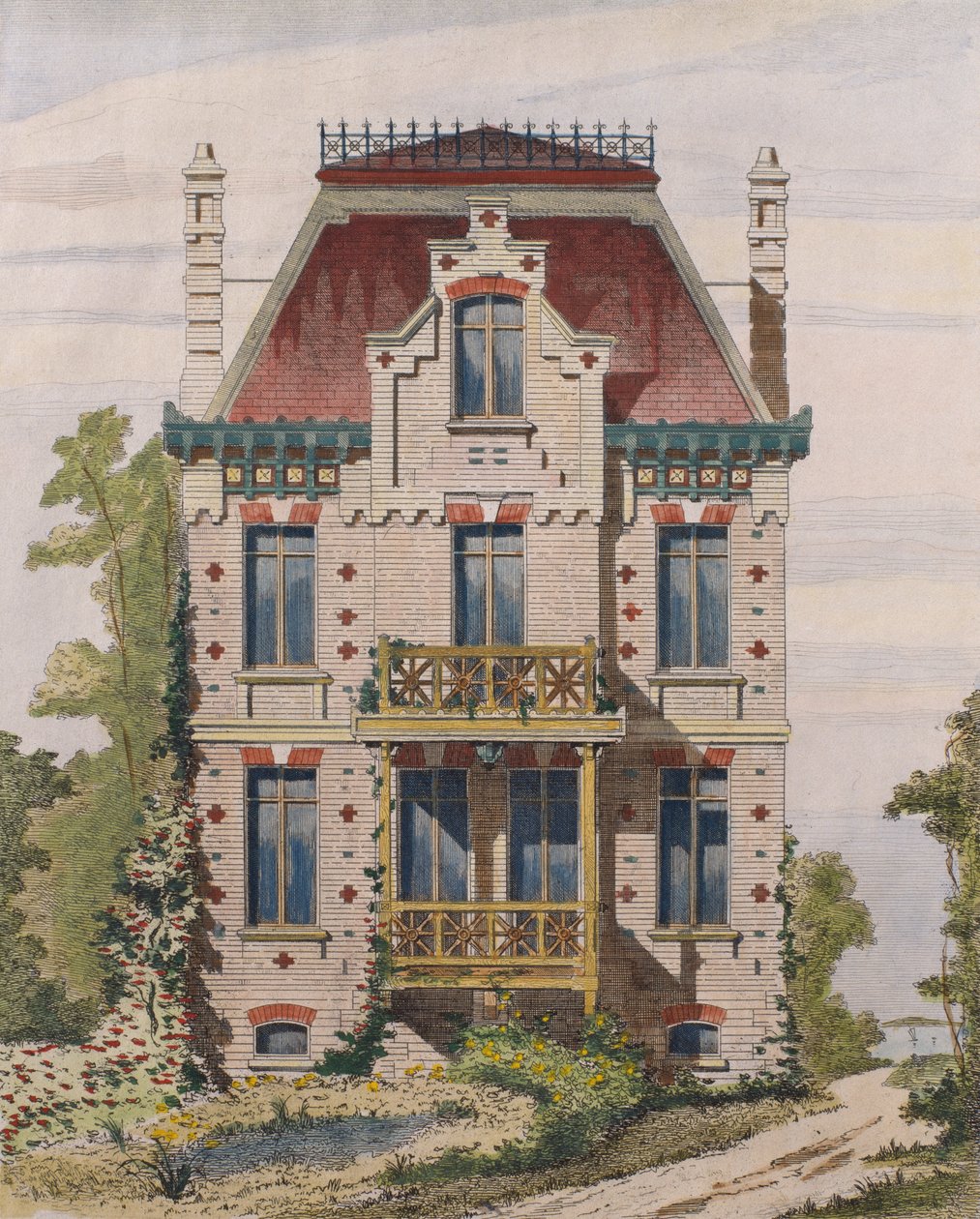 Normannisk villa i Villers sur mer, Normandie, illustrasjon fra Le Moniteur des architectes, 1883 (fargegravering) av French School