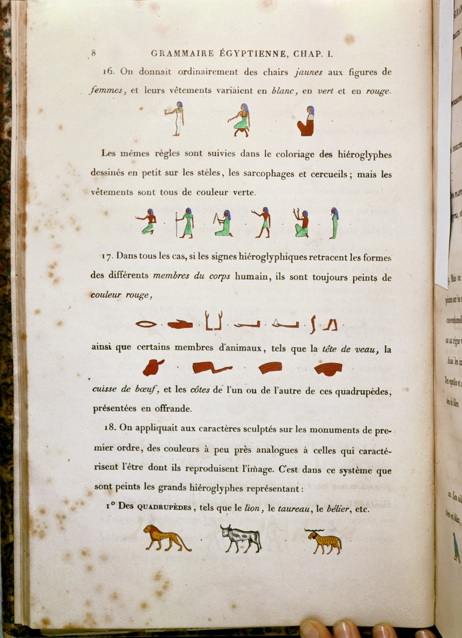 Notater om farging av visse hieroglyfer, fra Grammaire Egyptienne av Jean Francois Champollion (1790-1832) 1836 av French School