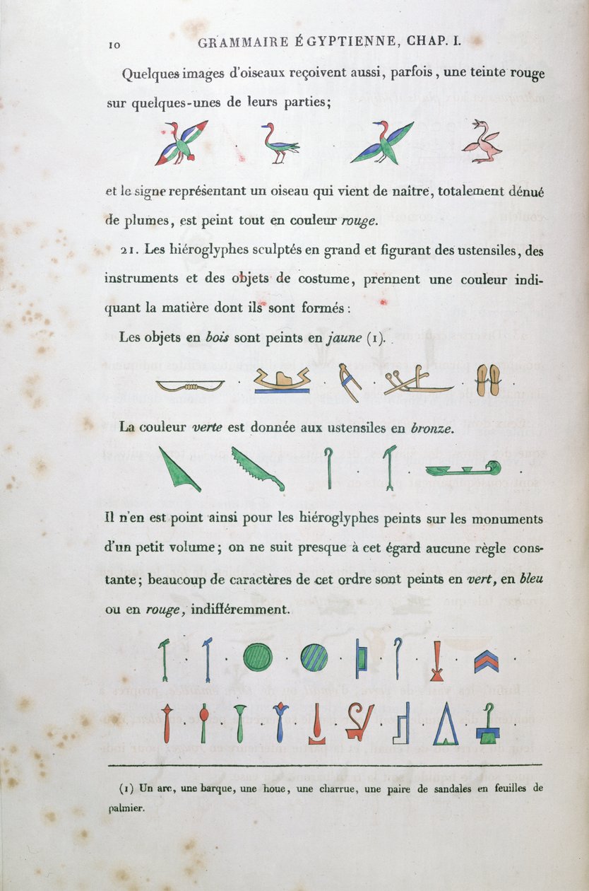 Notater om farging av visse hieroglyfer, fra Grammaire Egyptienne av Jean Francois Champollion (1790-1832) 1836 av French School