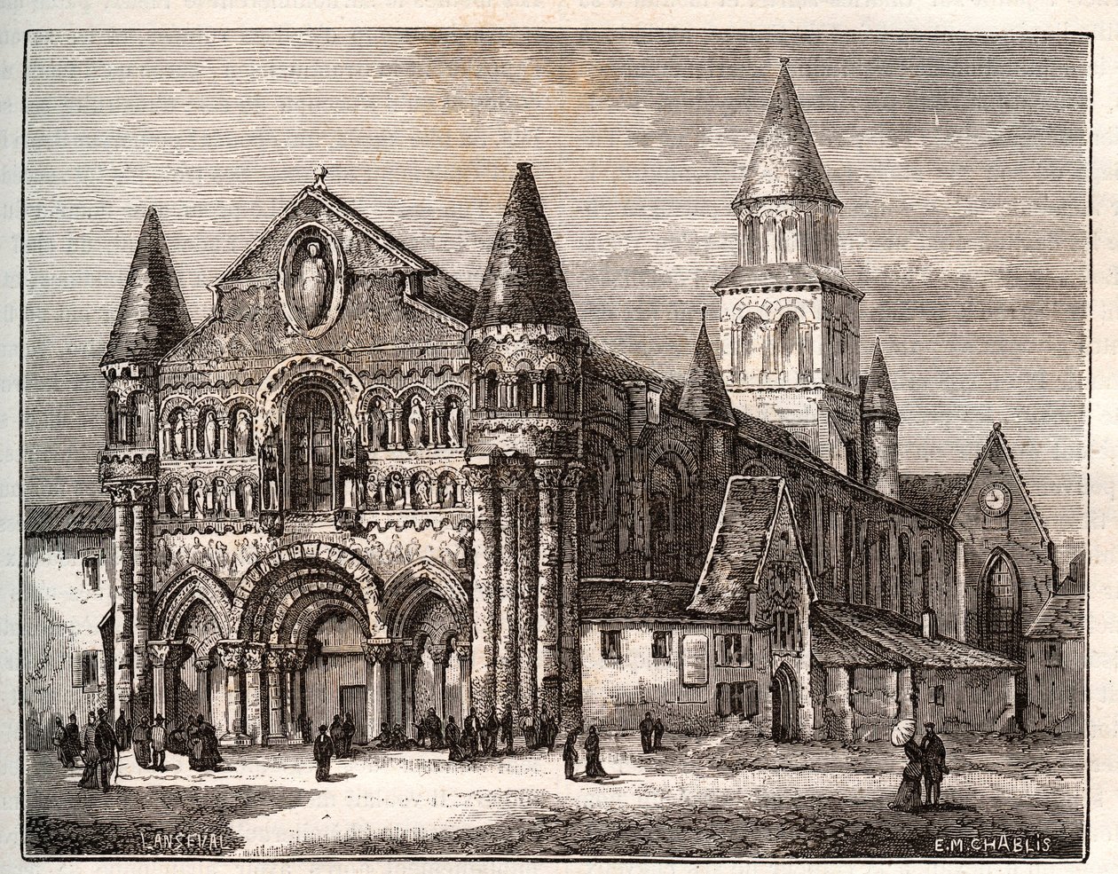 Notre Dame (Notre-Dame) av Poitiers - gravering i "Frankrike illustrert: geografi, historie, statistisk administrasjon" av VA Malt-Brown. 1884 av French School