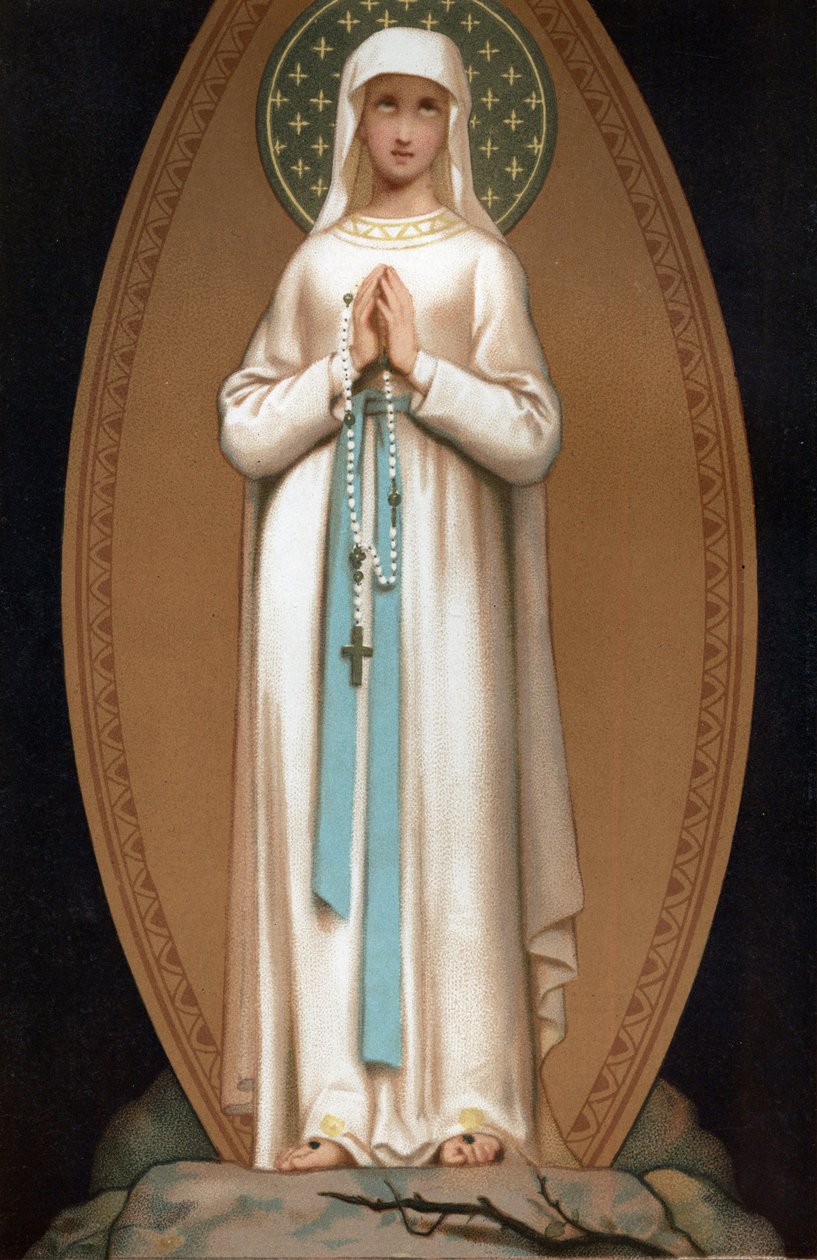 Notre Dame de Lourdes: representasjon av Jomfru Maria slik den ville ha sett ut for Bernadette Soubirous i hulen Lourdes i 1858. Kromolitografi. Frontispice av "" Notre Dame de Lourdes"" av Henri Lasserre av French School
