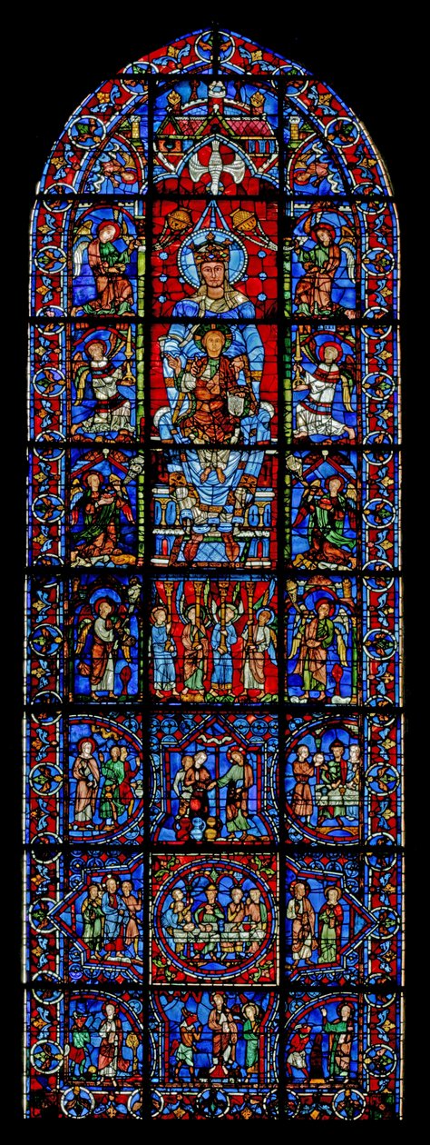 Notre Dame de la Belle Verriere; nedenfor er scener av Kana-ekteskapet og Kristi fristelse i villmarken (w30a) av French School