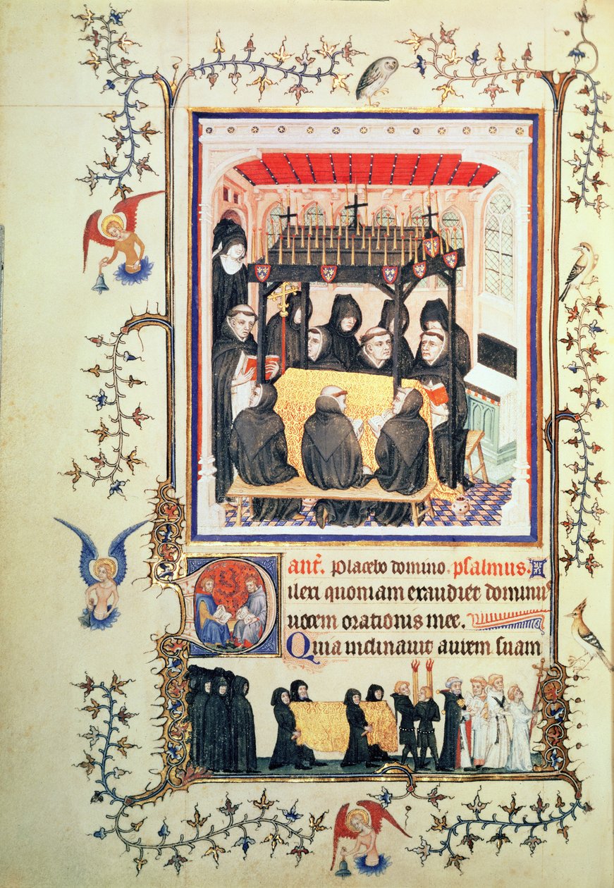 Nye Lat 3093 f.104 Munker tar bønner, fra Tres Belles Heures de Notre Dame de Duc de Berry, ca. 1380 av French School