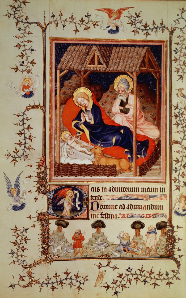 Nouv Lat 3093 f.42 Nativity and Visitation of the Shepherds, fra Duc de Berrys Tres Belle Heures, påbegynt ca.1382 av French School