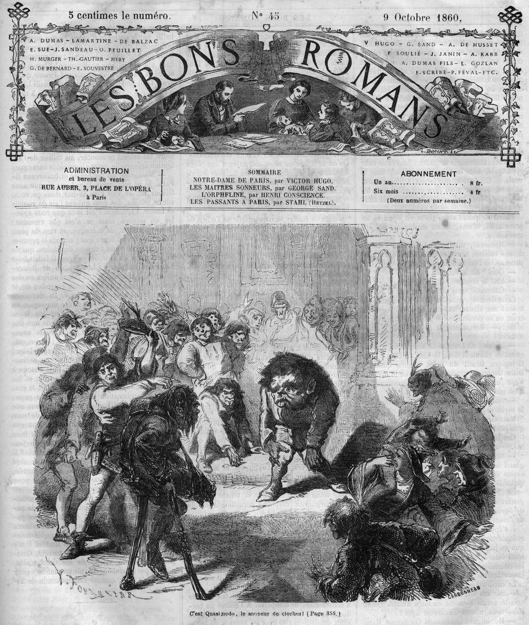 Romanserie: «Notre Dame de Paris» av Victor Hugo (1802-1885). Publikum ble redde og ler foran Quasimodo, klokkene ringer. Gravering i "" Les bons romances"" av French School