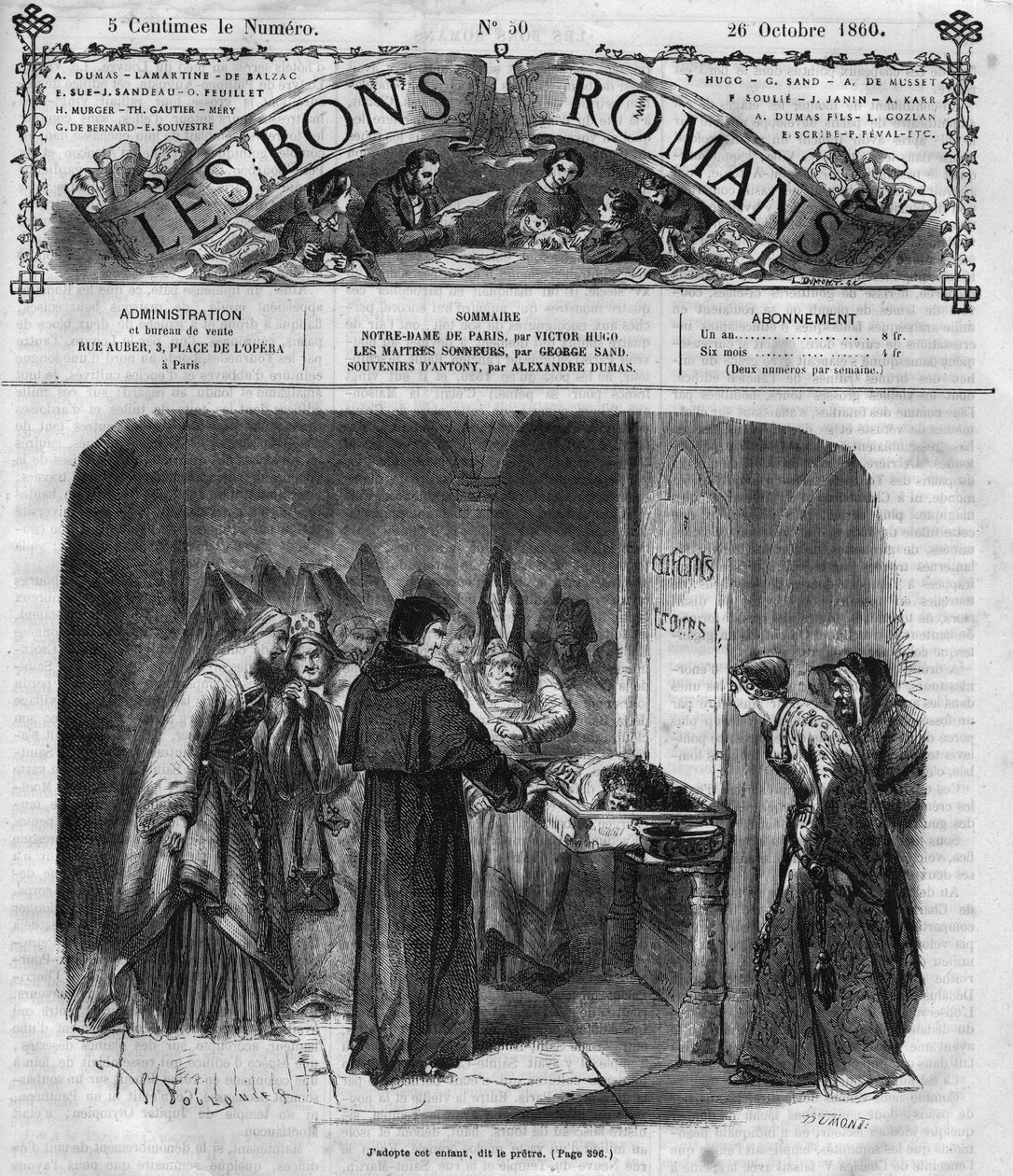 Romanserie: «Notre Dame de Paris» av Victor Hugo (1802-1885). Presten bestemmer seg for å adoptere Quasimodo. Gravering i "" Les bons romances"" av French School